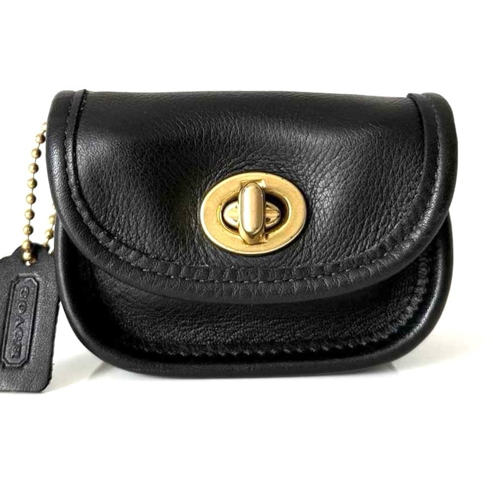 Coach Black Leather Mini key chain Turn Lock Coin Pouch with Gold Hardware